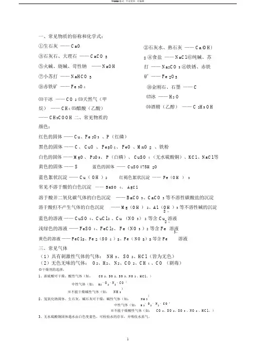 初中化学常见物质俗称及颜色