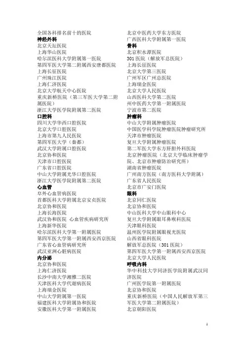 全国排名前十的医院