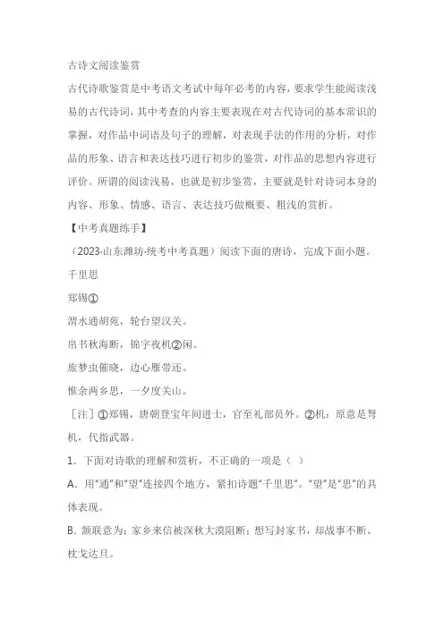 2024届中考语文复习专题：专题 古诗词鉴赏(讲义)(原卷版+解析版)