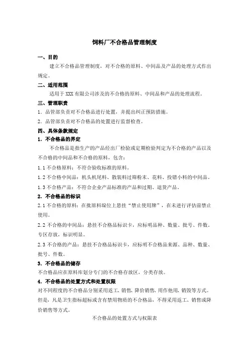 饲料厂不合格品管理制度