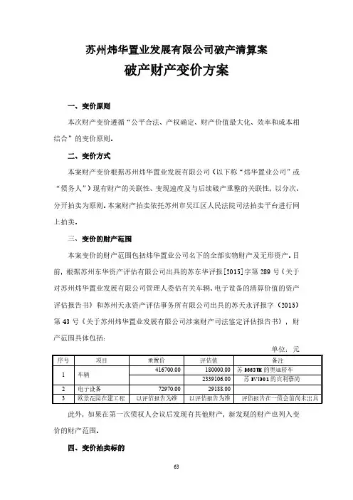 苏州炜华置业发展有限公司破产清算案 破产财产变价方案