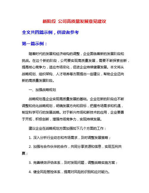 新阶段 公司高质量发展意见建议