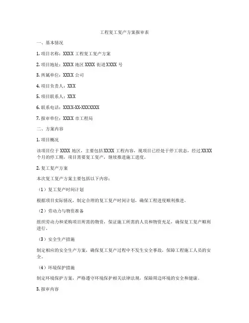 工程复工复产方案报审表