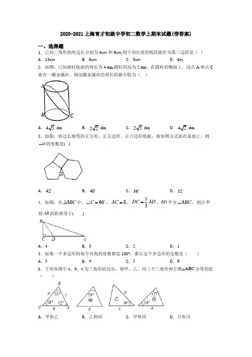 2020-2021上海育才初级中学初二数学上期末试题(带答案)