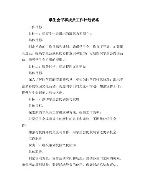 学生会干事成员工作计划表格