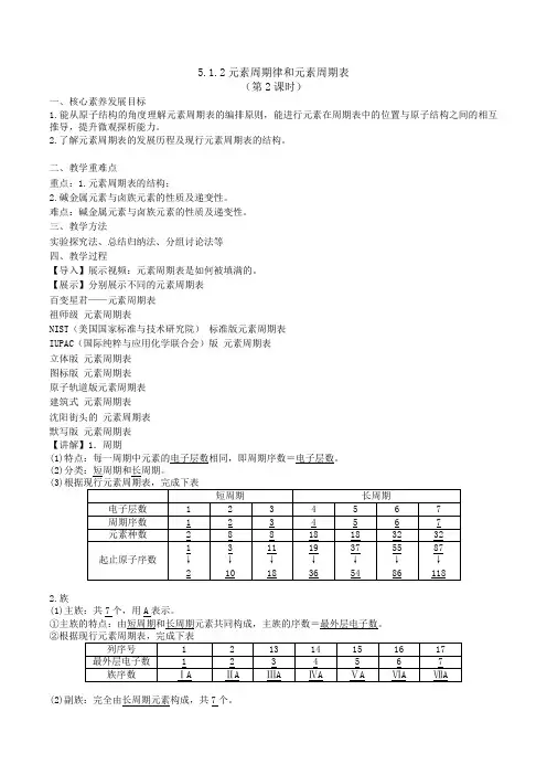 高一化学教案512元素周期律和元素周期表(第2课时元素周期表)