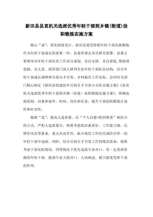新田县县直机关选派优秀年轻干部到乡镇(街道)挂职锻炼实施方案