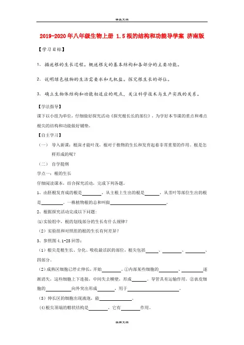 2021年八年级生物上册 .5根的结构和功能导学案 济南版
