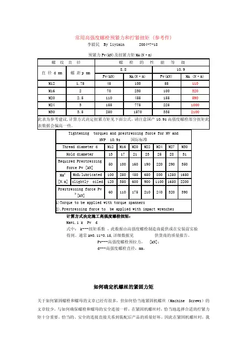 高强度螺栓预紧力及拧紧扭矩(全)