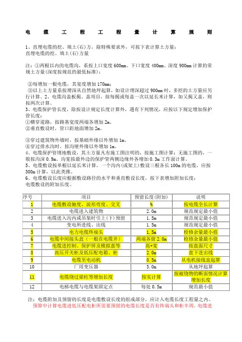 电缆工程工程量计算规则