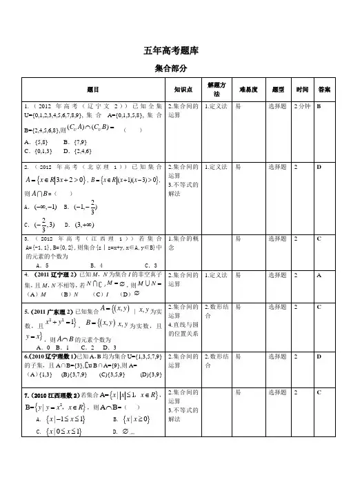 五年高考题库：集合、简易逻辑
