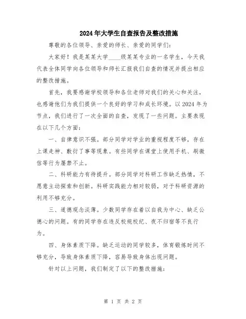 2024年大学生自查报告及整改措施