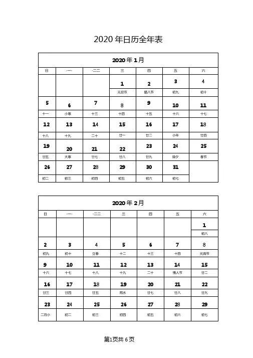 2020年日历全年表