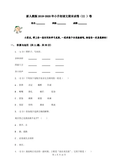 新人教版2019-2020年小升初语文期末试卷(II )卷