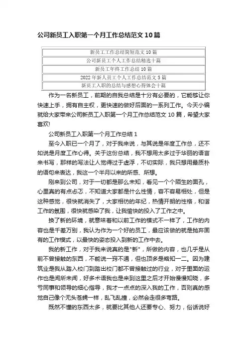 公司新员工入职第一个月工作总结范文10篇