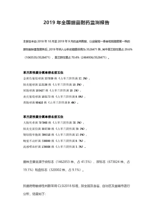 2019年全国细菌耐药监测报告