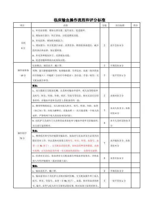 临床输血操作流程和评分标准