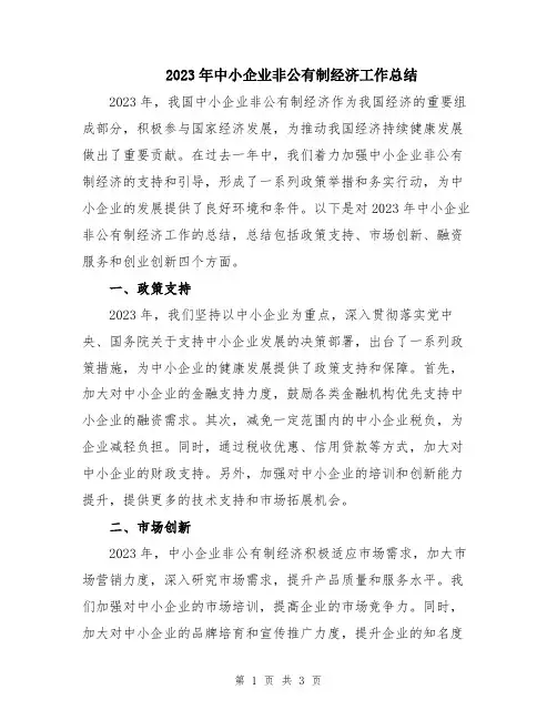 2023年中小企业非公有制经济工作总结