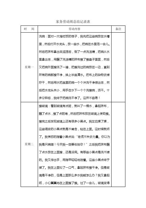 家务劳动周总结记录表