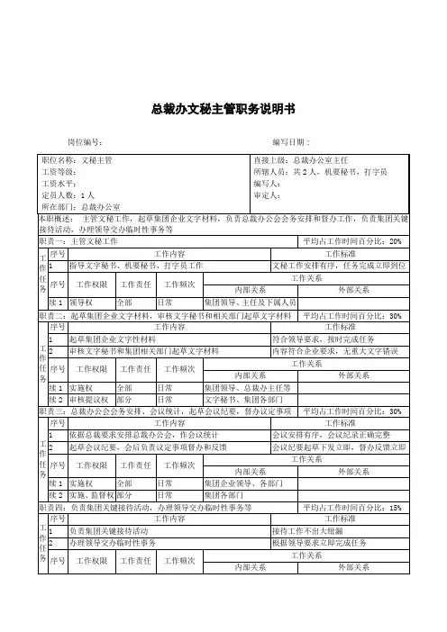 总裁办文秘主管职务说明书样本
