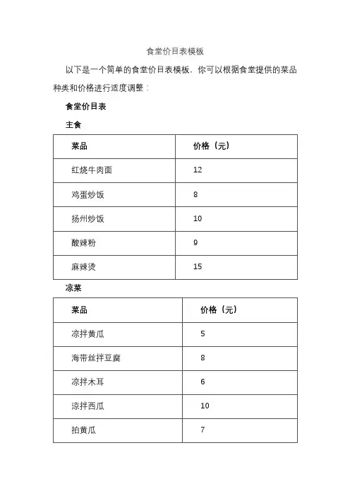 食堂价目表模板
