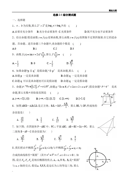 高中数学选修2-1综合测试题及答案
