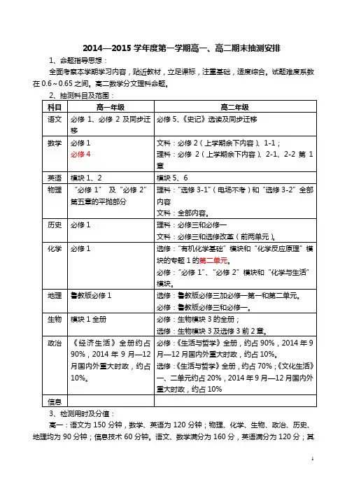 2014-2015高一高二期末考试抽测安排