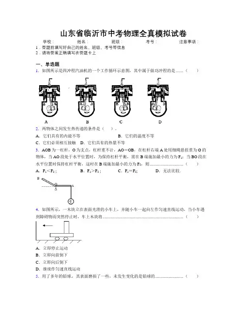 最新山东省临沂市中考物理全真模拟试卷及解析