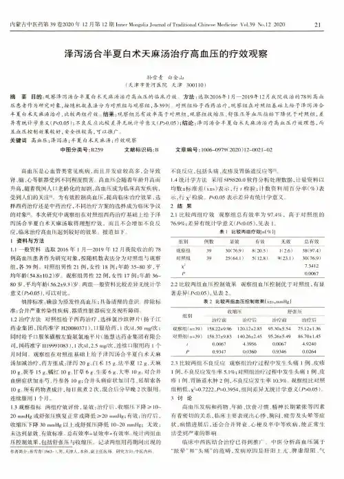 泽泻汤合半夏白术天麻汤治疗高血压的疗效观察