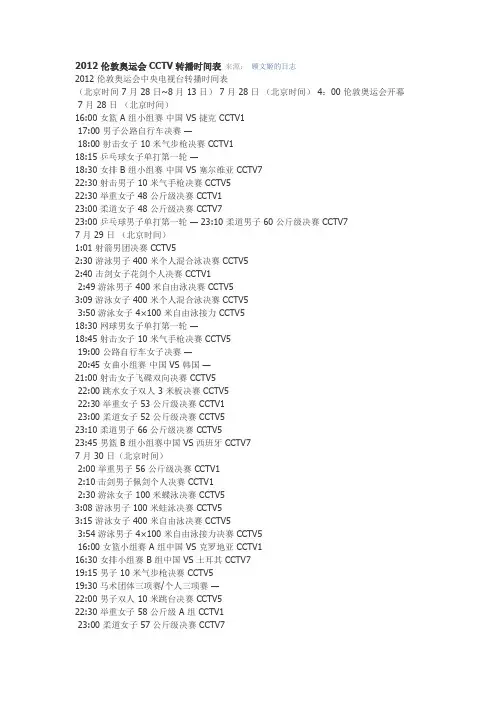 2012伦敦奥运会CCTV转播时间表