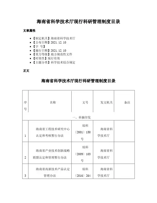 海南省科学技术厅现行科研管理制度目录