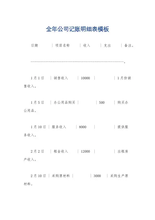 全年公司记账明细表模板