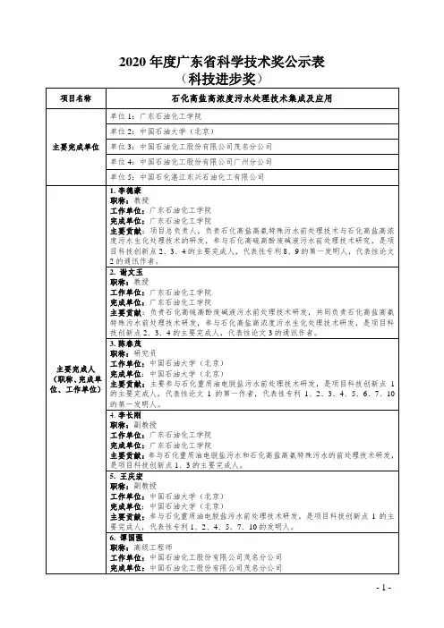 2020年度广东省科学技术奖公示表