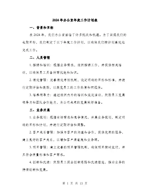 2024年办公室年度工作计划表(四篇)