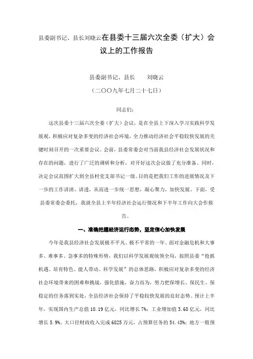 县委副书记、县长刘晓云在县委十三届六次全委(扩大)会议上的工作报告