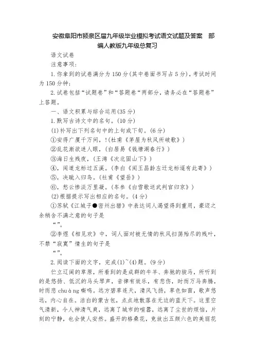 安徽阜阳市颍泉区届九年级毕业模拟考试语文试题及答案  部编人教版九年级总复习