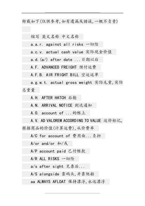 海运单据常用英文简写