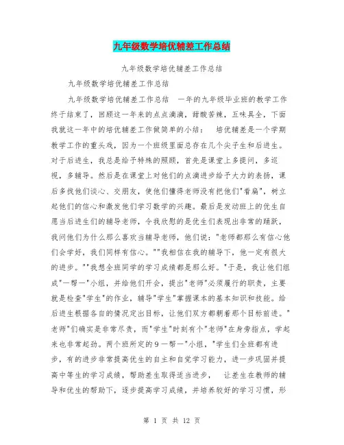 九年级数学培优辅差工作总结【可编辑版】