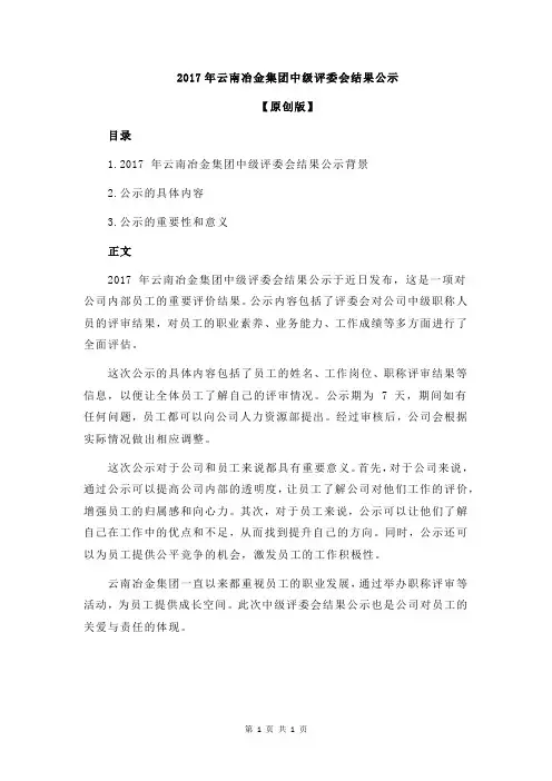 2017年云南冶金集团中级评委会结果公示