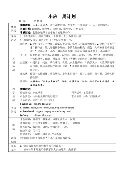 幼儿园小班周计划第12周