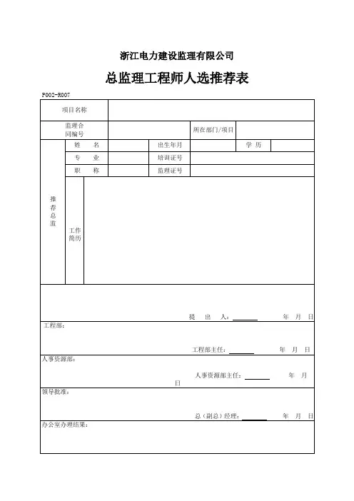 总监理工程师人选推荐表
