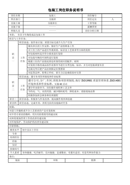 包装工岗位说明书
