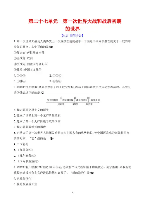 2024年中考历史总复习第二部分知识点培优训练第二十七单元第一次世界大战和战后初期的世界