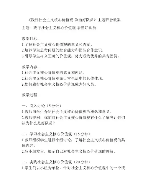 《践行社会主义核心价值观 争当好队员》主题班会教案