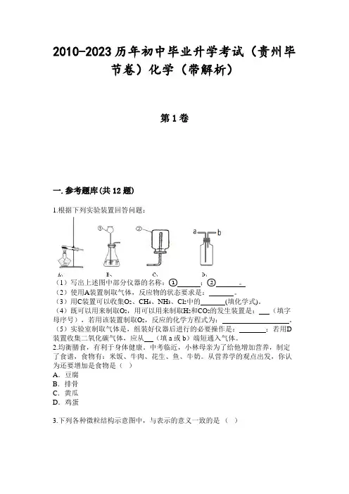 2010-2023历年初中毕业升学考试(贵州毕节卷)化学(带解析)