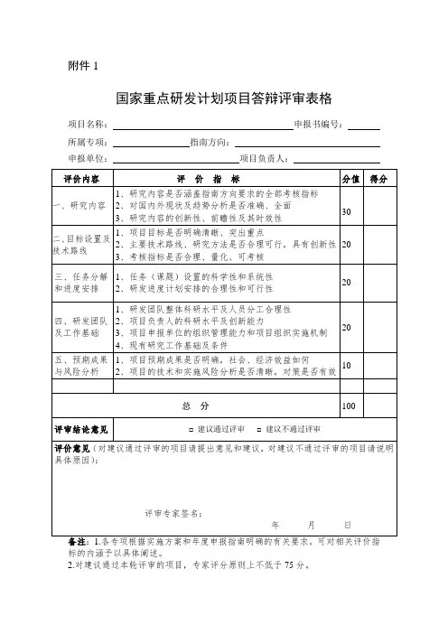 国家重点研发计划项目答辩评审表格