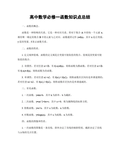 高中数学必修一函数知识点总结