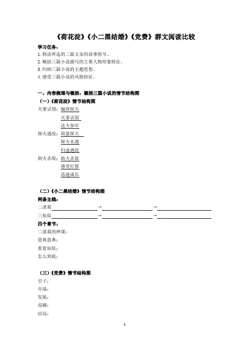 《荷花淀》《小二黑结婚》《党费》群文阅读比较 - 学生版