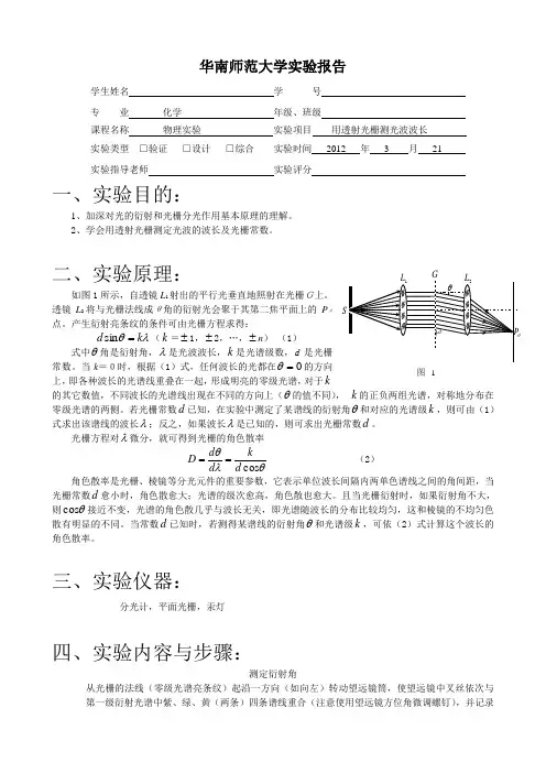 用透射光栅测光波波长   物理实验报告