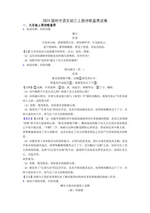 2023湖州市语文初三上册诗歌鉴赏试卷